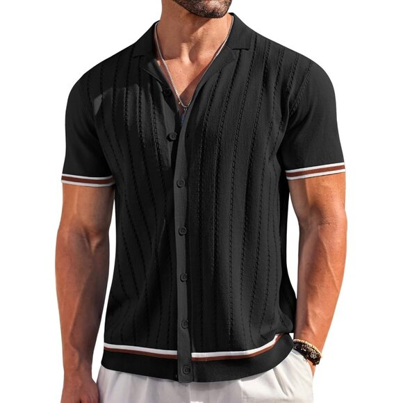 Men's Black Short Sleeve Knit Shirt Casual Button Down Shirt Vintage Striped - Picture 1 of 6